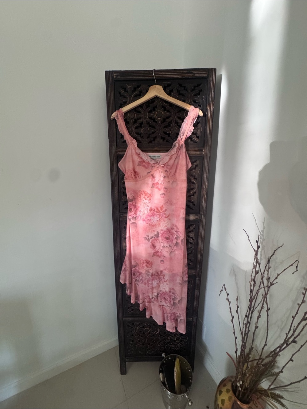 Almost Famous Pink Floral Satin Slip with Ruffle Straps